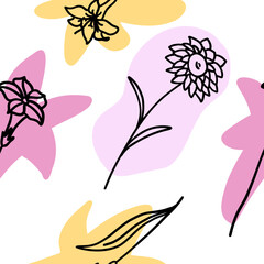 Obraz premium Flowers with colorful brush seamless pattern in flat doodle cartoon style. Vector seamless wallpaper with white background.