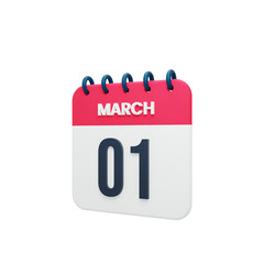 March Realistic Calendar Icon 3D Illustration Date March 01