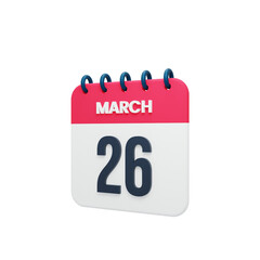 March Realistic Calendar Icon 3D Illustration Date March 26
