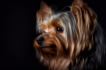 Beautiful Yorkshire Terrier dog portrait in front of dark background.