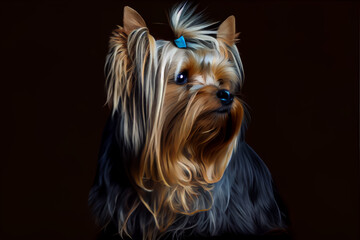 Naklejka premium Beautiful Yorkshire Terrier dog portrait in front of dark background.