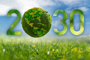 Numbers 2030 with green planet. A symbol of sustainable development and transition to renewable...