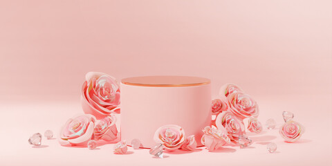 Pink Rose Petals and Diamond Single Podium Product Display Wedding Valentine 3D Render - 560982200