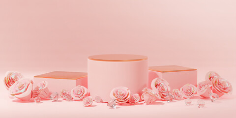 Pink Rose Petals and Diamond Three Podium Product Display Wedding Valentine 3D Render