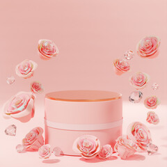 Pink Rose Petals and Diamond Floating Single Podium Product Display Wedding Valentine 3D Render - 560982214