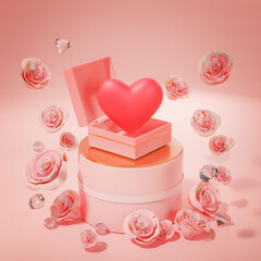 Opening Box of Love on Podium Between Pink Rose Petals and Diamond Wedding Valentine Concept 3D Render - 560982218
