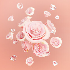 Floating Rose Pink Petals and Diamonds Valenting Wedding Background Concept 3D Render - 560982232