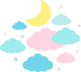 Moon, clouds and stars in pastel colors