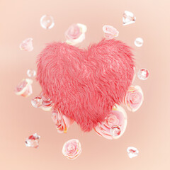 Love Heart Fulffy Fur Between Pink Rose Petals and Diamond Wedding Valentine Concept 3D Render - 560982242
