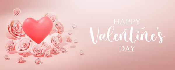 Happy Valentine's Day Banner Big Heart Between Pink Rose Petals and Diamond Banner 3D Render - 560982243