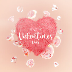 Happy Valentine's Day Love Heart Fulffy Fur Between Pink Rose Petals and Diamond Wedding Valentine Poster 3D Render - 560982256