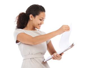 Business, checklist and black woman with smile, clipboard survey or report on white background....