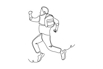 Fototapeta na wymiar continuous single one line drawing art of college campus happy student man jumping with bag backpack. vector illustration