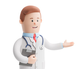 Doctor with a stethoscope holds a patient card in his hand. isolated on white background. 3d render