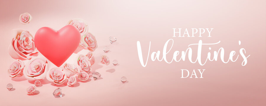 Happy Valentine's Day Banner Big Heart Between Pink Rose Petals and Diamond Banner 3D Render