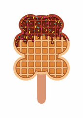 Sweet food and dessert food, vector illustration of golden brown bear shape with black chocolate homemade corn dog or hot dog waffle on a stick.