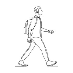 Fototapeta na wymiar Continuous single one line drawing art of college campus student man with bag backpack. Vector illustration