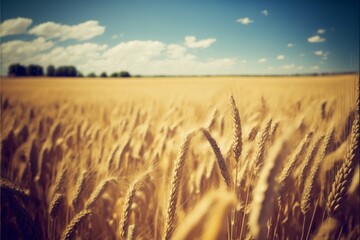 landscape of a golden wheat field with swaying stalks in the foreground, and a bright blue sky on a sunny day, a breathtaking summer scene generative ai
