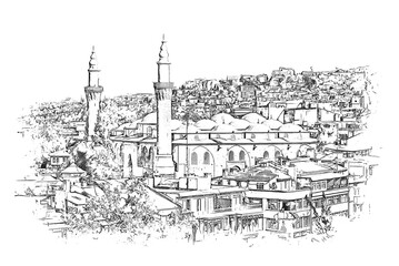 Grand Mosque of Bursa, a historic mosque in Bursa, Turkey, ink sketch illustration.