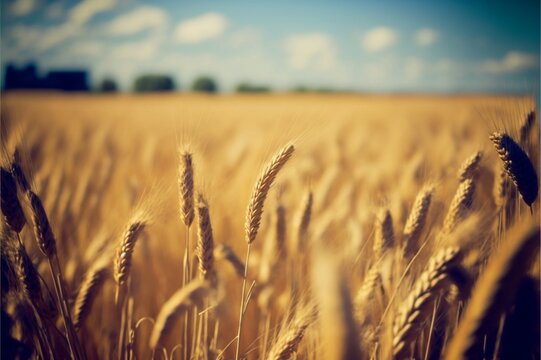 landscape of a golden wheat field with swaying stalks in the foreground, and a bright blue sky on a sunny day, a breathtaking summer scene generative ai
