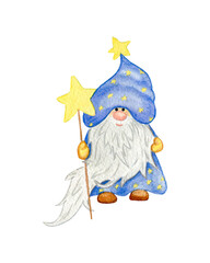 Watercolor Gnome. Illustration of a Cute Gnome on a white background. Elf for the design of cards, banners, greetings. Star Magical Dwarf in Blue Clothes.