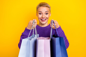 Fototapeta na wymiar Photo of optimistic astonished girl with short hairdo knit sweater hold shopping bags buy new outfit isolated on yellow color background
