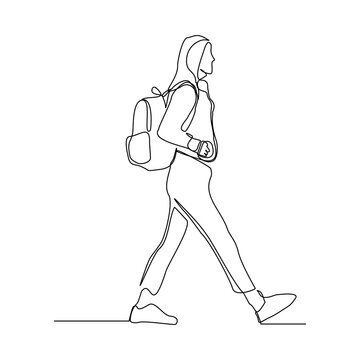 recommend clip art: Continuous single one line drawing art of college campus student woman with bag backpack. Vector illustration