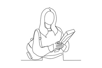 Continuous single one line drawing art of college campus student woman with bag backpack and books. Vector illustration