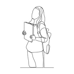 Continuous single one line drawing art of college campus student woman with bag backpack and books. Vector illustration