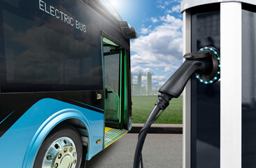 Electric city bus with charging station on a background of cityscape. Green transportation and...