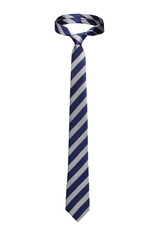 Close-up shot of an elegant blue striped tie. The classic bias stripe necktie is isolated on a white background. Front view.