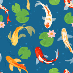 Koi carp fishes seamless pattern. Vector illustration of traditional japanese gold carp in pond with lotus, water lily. Japanese oriental garden with goldfish for posters, fabric, banners, book, web