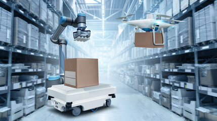 Concept of unmanned automated warehouse with robots and drones. Smart Industry 4.0	