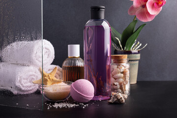 Spa concept, shower cabin, bath. Cosmetic products for relax, bodycare, skincare and healthcare