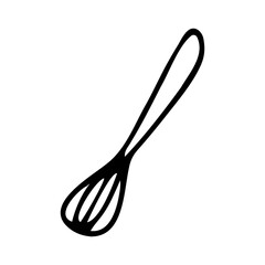 Doodle whisk for cooking food. Hand-drawn corolla isolated on white background. Outline Kitchen symbol. Cozy utensil, dishes for whisking, culinary accessory image. Vector domestic life illustration
