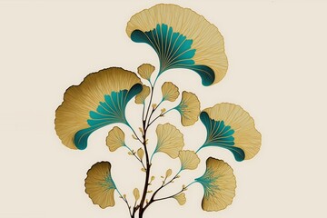 golden and blue turquoise color ginkgo biloba leaves are a perfect illustration for use in texture, patterns, and any graphic project,  inspired art decò patterns, generative ai