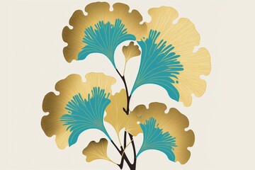 golden and blue turquoise color ginkgo biloba leaves are a perfect illustration for use in texture, patterns, and any graphic project,  inspired art decò patterns, generative ai