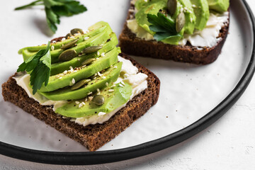 Avocado toast with goat cheese, seeds