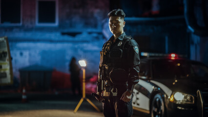 Wide Portrait Shot of a Young Asian Police Officer Holding a Flashlight and Looking Firmly at Camera in Siren Neon Lights. Policeman Reporting for Duty on a Crime Scene, Keeping Law and Order © Gorodenkoff