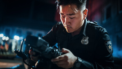 Asian Policeman Taking Photos of Evidence on a Crime Scene at Night. Forensics Police Officer Finds Potential Belongings of the Dead Victim and Photographs it for Further Future Analysis