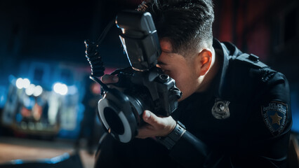 Close Up Shot: Asian Male Police Officer Taking Photos on a Crime Scene at Night. Professional Young Policeman Doing Fieldwork, Working on a Case, Photographing Evidence and Clues Left by the Criminal