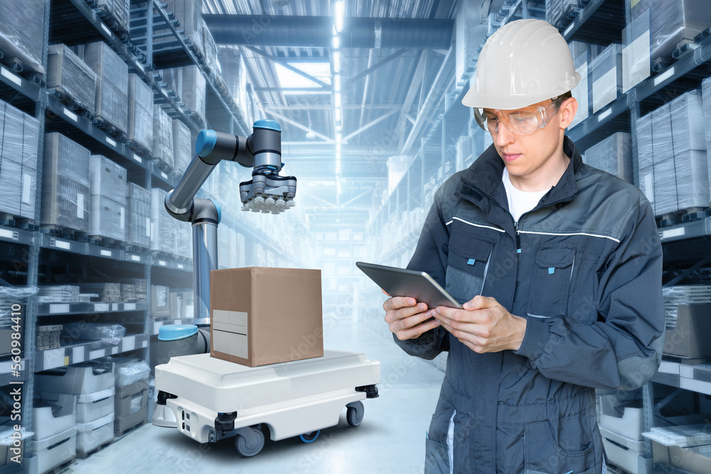 Poster Warehouse manager with digital tablet controls robot 