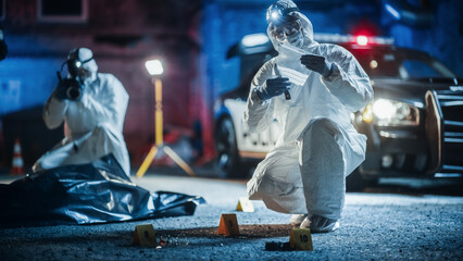Documentary Shot: Forensics Unit Professionally Gathering Evidence From a Crime Scene and Working...