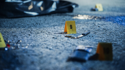 Cinematic Shot: Murder Weapon Left at the Crime Scene. Forensics Marking And Numbering Evidence...