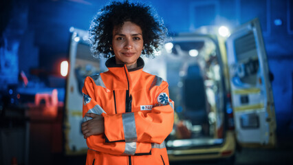 Portrait of Beautiful, Multiethnic, Female Paramedic Specialist on Late Night Shift. Heroic Empowering Woman Smiling and posing for Camera, Reporting for Duty to Save Lives and Treat Emergencies - obrazy, fototapety, plakaty