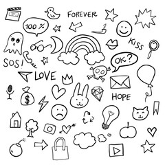funny black ink hand drawn symbols vector simple line rendom contour icons school stickers set