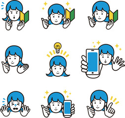 初心者　女性　人物　ビジネス　顔　手　スマホ　イラスト素材セット
