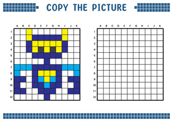 Copy the picture, complete the grid image. Educational worksheets drawing with squares, coloring cell areas. Children's preschool activities. Cartoon vector, pixel art. Future robot illustration.