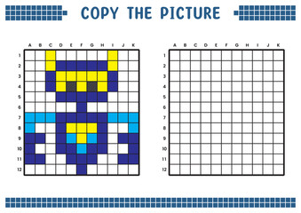 Fototapeta premium Copy the picture, complete the grid image. Educational worksheets drawing with squares, coloring cell areas. Children's preschool activities. Cartoon vector, pixel art. Future robot illustration.