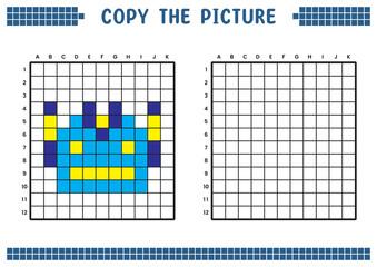 Copy the picture, complete the grid image. Educational worksheets drawing with squares, coloring areas. Children's preschool activities. Cartoon vector, pixel art. Robot head emoticon illustration.